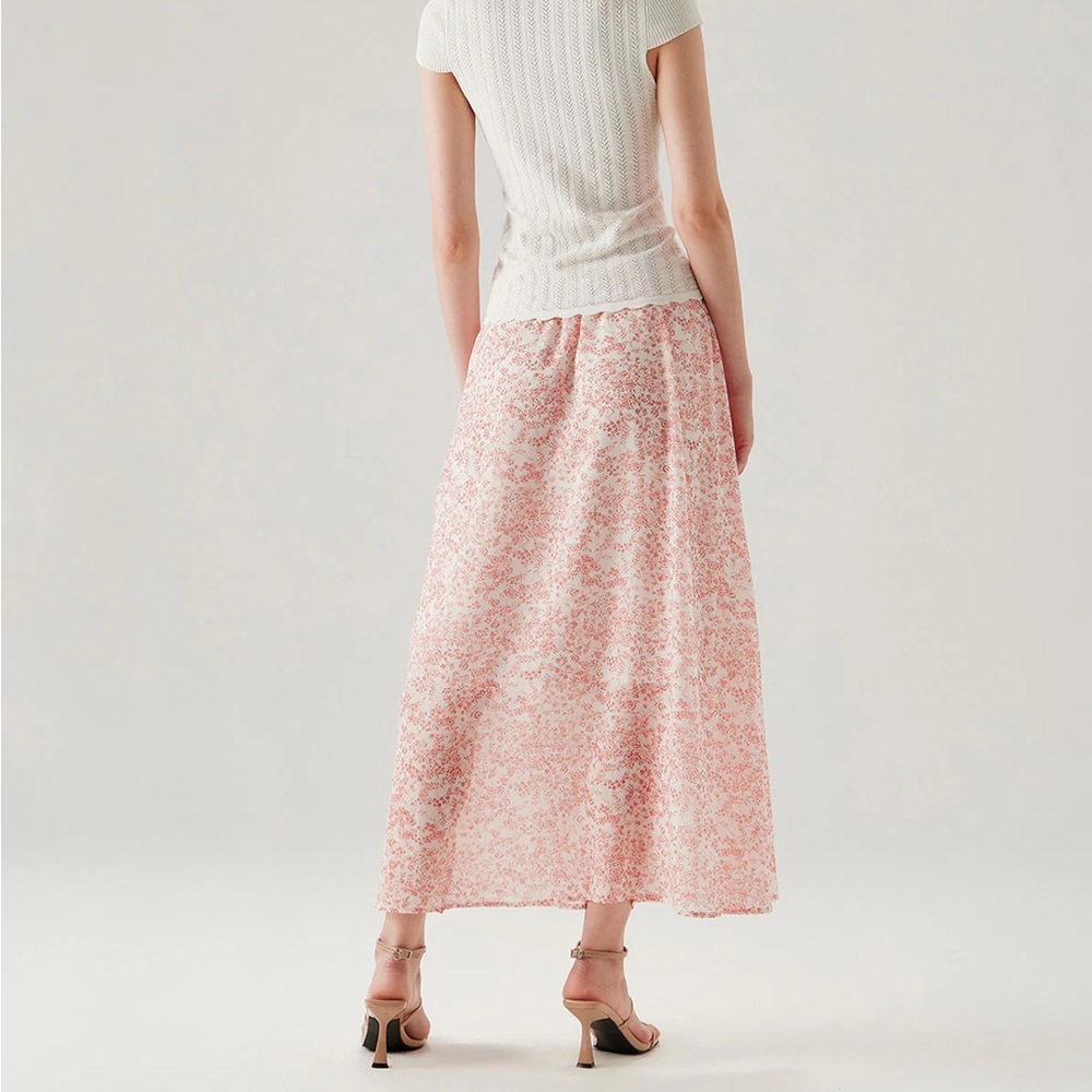 Rihoas Pink Floral Elastic Waist Flared Skirt - Picture 3 of 8